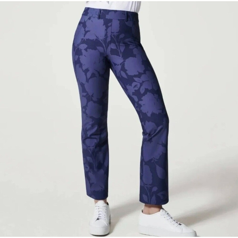 Spanx SMALL TALL Sunshine Kick Flare Pants Floret Navy Straight Leg Stretch Blue